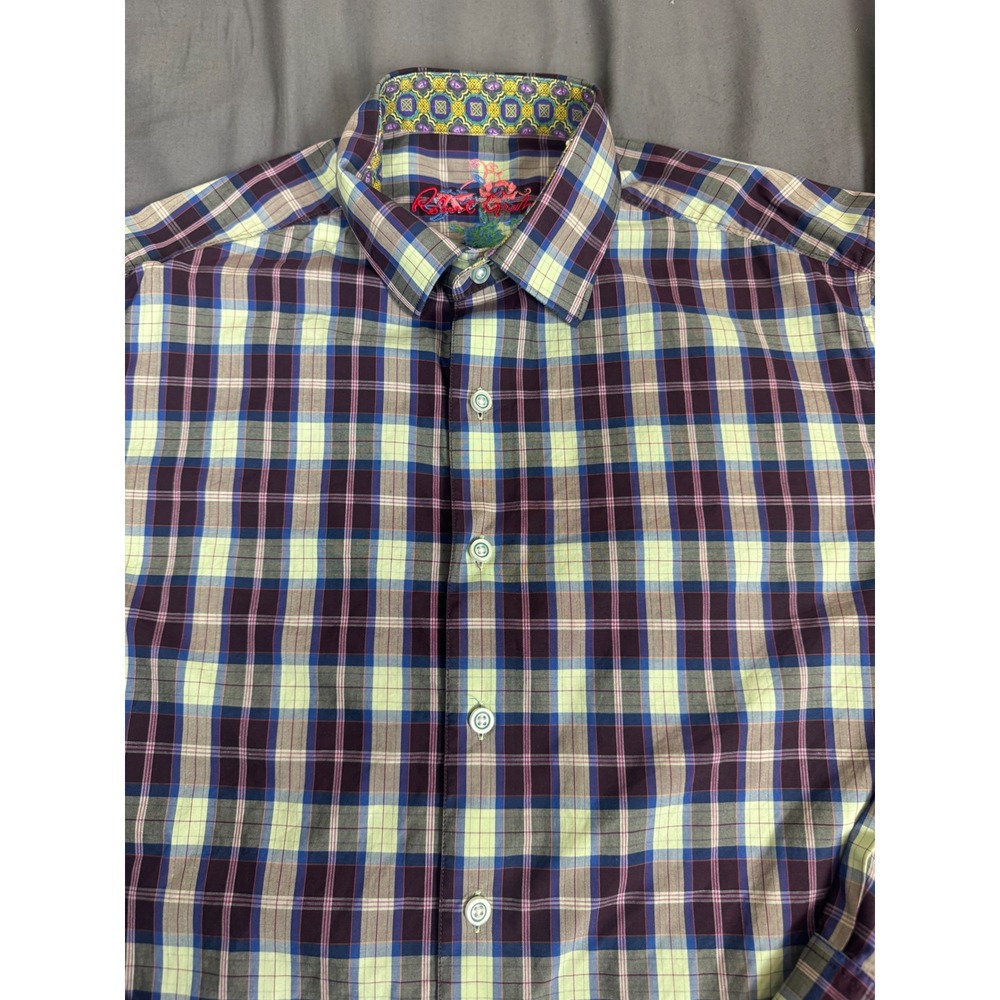 Robert Graham Mens Classic Fit Plaid Button Down Shirt Purple Lime Green Size M - Picture 11 of 14